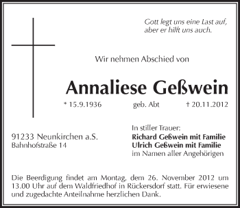 Traueranzeige von Annaliese Geßwein von Pegnitz-Zeitung